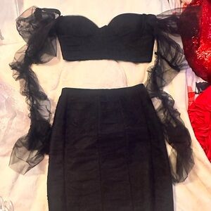 Two piece crop top, sheer sleeves, and pencil skirt